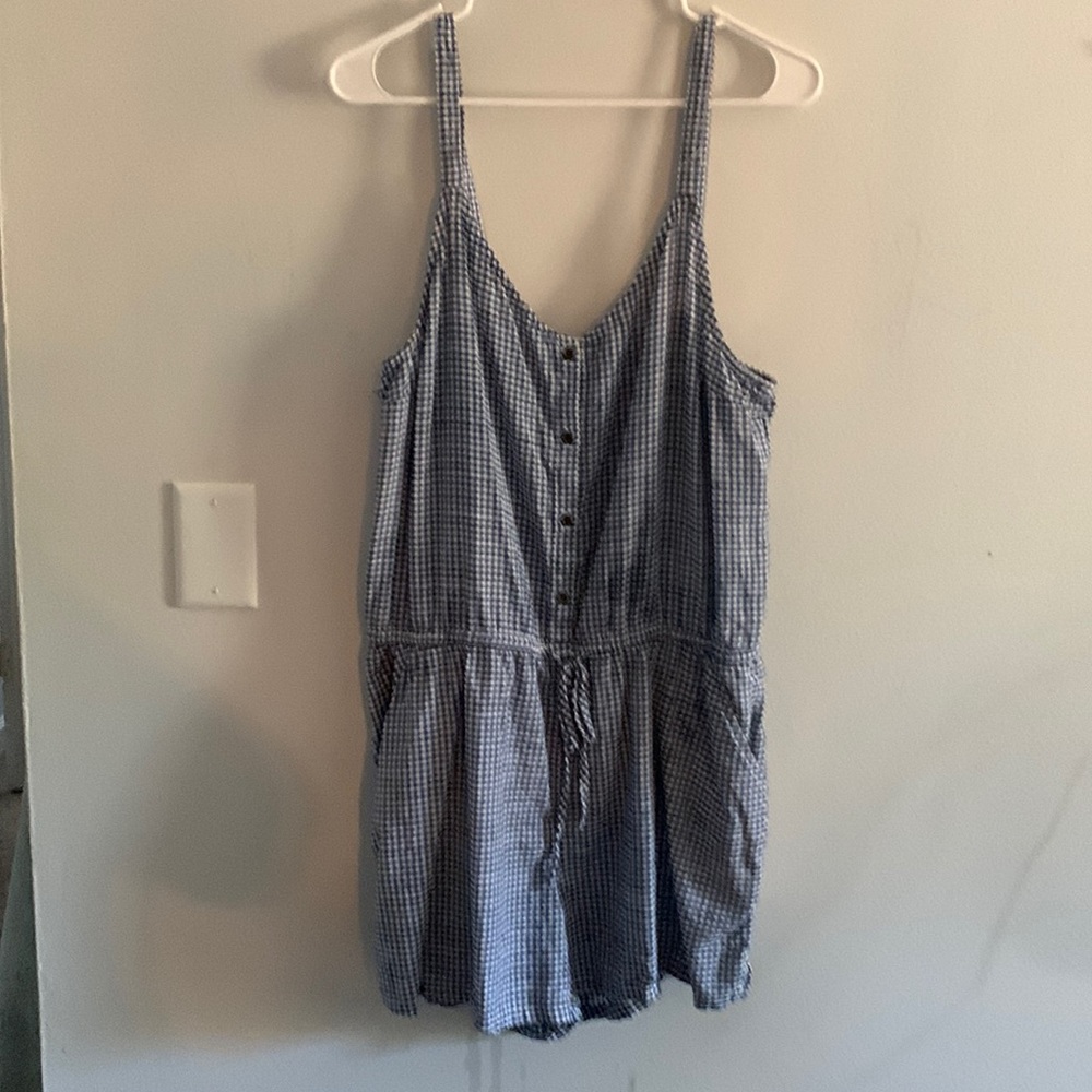 Gingham blue and white pattern romper with buttons